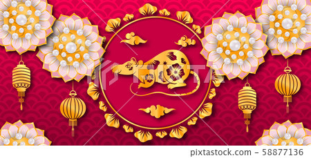 Happy Chinese New Year 2020 Card with Golden Rat Zodiac, Lantern, Flower 58877136