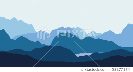 Landscape with blue silhouettes of hills, mountains and lake Landscape with blue silhouettes of hills, mountains and lake 58877174
