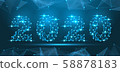 Abstract Mash Line and Point Scales on Dark Background with 2020 Happy New Year. Wire Frame 3D Mesh 58878183