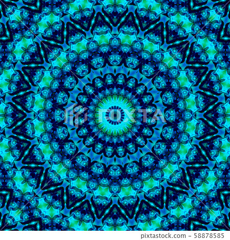 Floral kaleidoscopic pattern. Geometric ornament . Mandala . Abstract background in blue and green tones Floral kaleidoscopic pattern. Geometric ornament . Mandala . Abstract background in blue and green tones 58878585