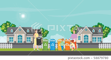 Family sorting garbage into garbage collector . Family sorting garbage into garbage collector . 58879780