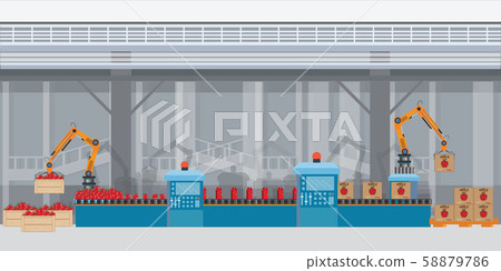 Factory packing conveyor apple juice of a box. Factory packing conveyor apple juice of a box. 58879786