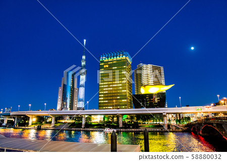Tokyo Sky Tree and night view of buildings from the Sumidagawa Azumabashi area 58880032