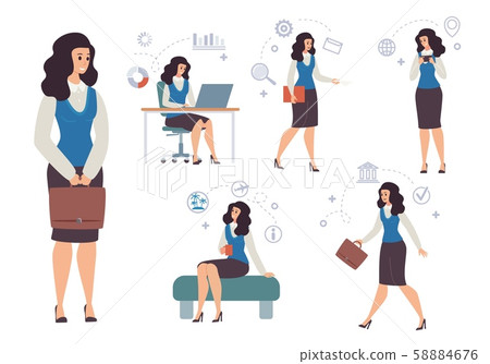 Businesswoman Office Work Routine Flat Vector Set - Stock Illustration ...
