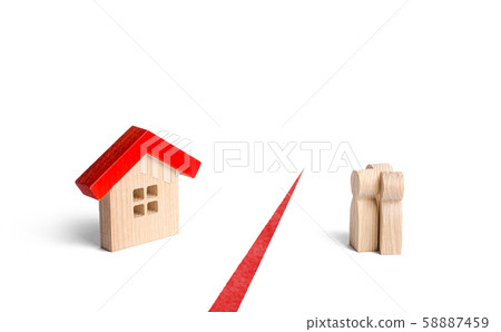 The figures of people and the house are separated by a red line. Inaccessibility and high housing prices. Social programs and soft mortgages for young families. Buy or rent. high cost 58887459