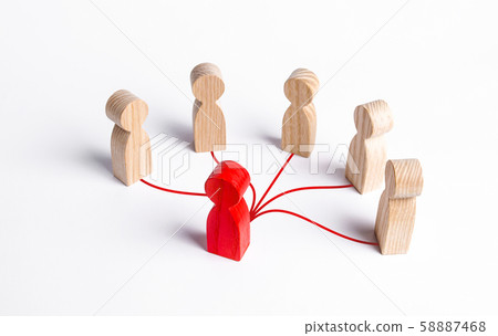 The red human figure is connected by lines with five persons. Business management. Spreading rumors. Leadership, teamwork. Cooperation and collaboration. Shares experiences and information. 58887468