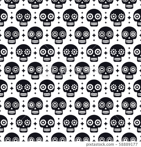 Day of the dead seamless pattern with skulls on white background. Traditional mexican Halloween Day of the dead seamless pattern with skulls on white background. Traditional mexican Halloween 58889177