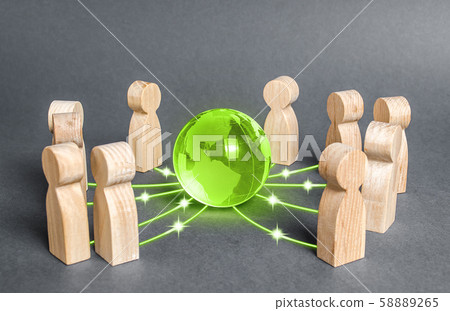 People surrounded a green globe planet earth. Cooperation and collaboration of people around the world. Outsourcing and joint work on projects. Diplomacy. crowdfunding. Preserving environment People surrounded a green globe planet earth. Cooperation and collaboration of people around the world. Outsourcing and joint work on projects. Diplomacy. crowdfunding. Preserving environment 58889265