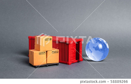 Red cargo container with boxes and blue planet earth glass ball. Business and industry, transport infrastructure. The concept of commerce and trade, delivery, exchange of goods. Globalization Red cargo container with boxes and blue planet earth glass ball. Business and industry, transport infrastructure. The concept of commerce and trade, delivery, exchange of goods. Globalization 58889266
