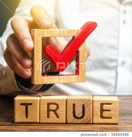 A man holds a red check mark over word True. Confirm the veracity and truth. Fight against fake news hostile propaganda. Confirmation facts, refutation of rumors. Debunking Myths and Misconceptions 58889366