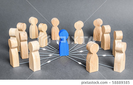 The blue person is connected with employees by wide network of lines. At the center of a complex large system. Communication social. Cooperation, collaboration. Project leadership personnel management The blue person is connected with employees by wide network of lines. At the center of a complex large system. Communication social. Cooperation, collaboration. Project leadership personnel management 58889385