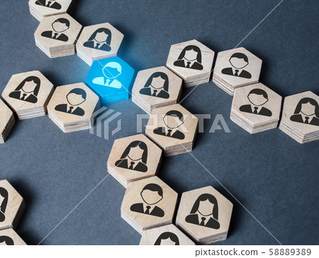 The structure of hexagonal figures with employees is connected together through a blue figure. Establishing contact between business, mediator services. Leader, link. Business organization. The structure of hexagonal figures with employees is connected together through a blue figure. Establishing contact between business, mediator services. Leader, link. Business organization. 58889389