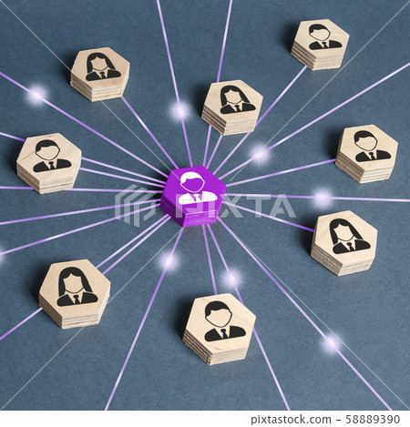 The leader is connected with employees by a wide network of lines. At the center of a complex large system. Communication social. Cooperation, collaboration. Project leadership personnel management The leader is connected with employees by a wide network of lines. At the center of a complex large system. Communication social. Cooperation, collaboration. Project leadership personnel management 58889390