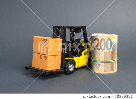 A forklift truck carries cardboard boxes and Euro roll. Transport company. Performance efficient. Trade and production of products and goods, balance import export. development of the global economy A forklift truck carries cardboard boxes and Euro roll. Transport company. Performance efficient. Trade and production of products and goods, balance import export. development of the global economy 58889391
