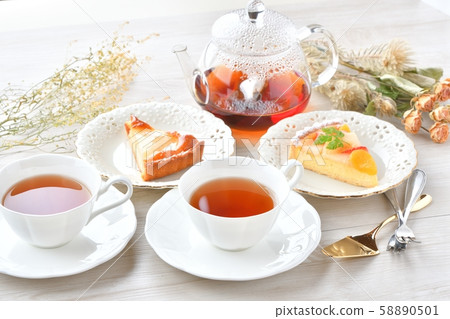 An image of tea and fruit tart tea time. 58890501