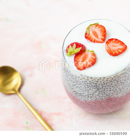 Chia pudding with almond milk, yogurt, pitaya Chia pudding with almond milk, yogurt, pitaya 58890599