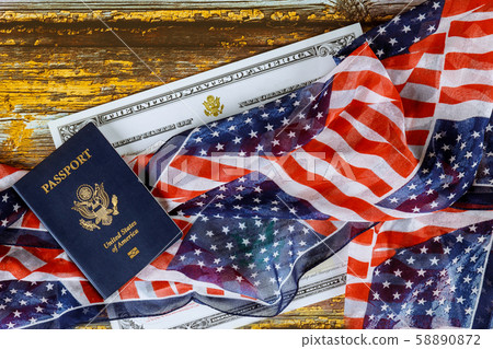 US passport and flag over a citizenship and US passport and flag over a citizenship and 58890872