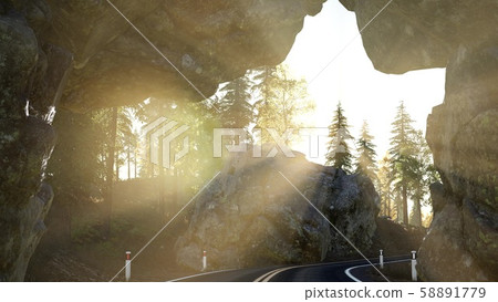 rocky road tonel in mountain at sunset 58891779