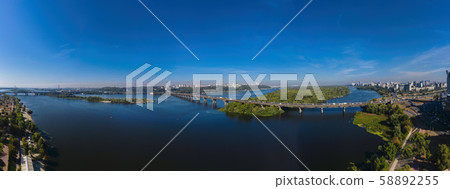 Aerial panorama view of The Dnipro river in Kiev near the Paton Bridge 58892255