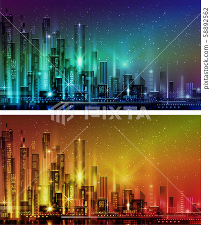 Vector night city illustration with neon glow and - Stock Illustration ...
