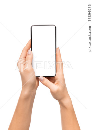 Modern smart phone with blank white screen in woman's hands 58894986
