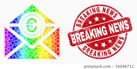 Vector Rainbow Colored Dotted Euro Mail Icon and Grunge Breaking News Seal Vector Rainbow Colored Dotted Euro Mail Icon and Grunge Breaking News Seal 58896712