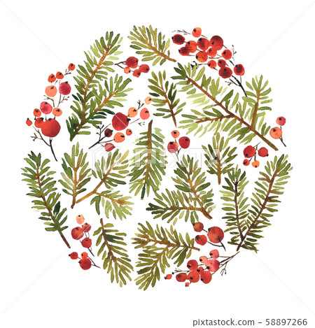 Watercolor circle composition of spruce and holly Watercolor circle composition of spruce and holly 58897266