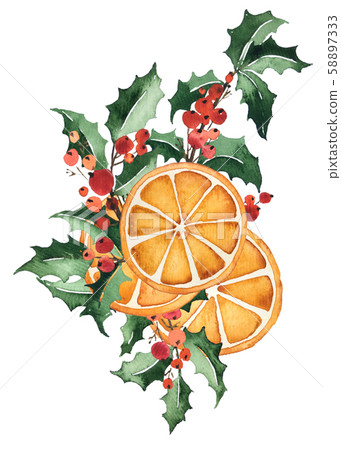 Watercolor Christmas floral arrangement of holly, 58897333