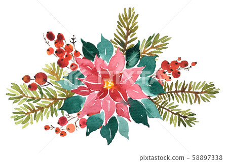 Watercolor arangement of poinsettia, spruce and Watercolor arangement of poinsettia, spruce and 58897338