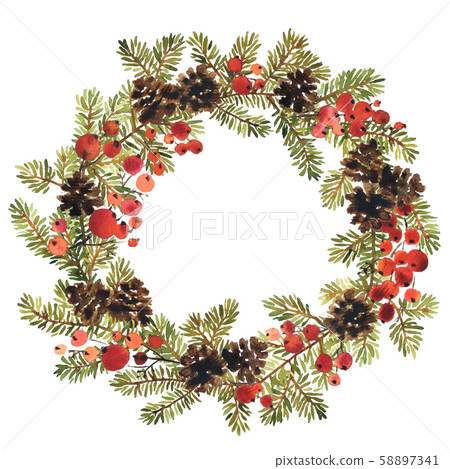 Watercolor wreath of spruce with pine cones and - Stock Illustration ...