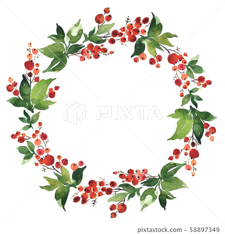 Christmas Watercolor wreath of holly berries 58897349