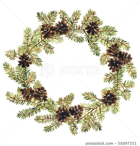 Watercolor wreath of spruce with pine cones. Watercolor wreath of spruce with pine cones. 58897351