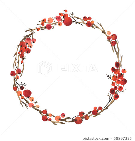 Watercolor Christmas wreath of dry twigs and holly Watercolor Christmas wreath of dry twigs and holly 58897355