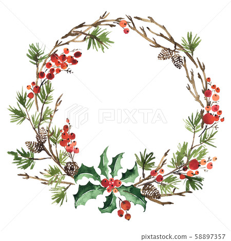 Watercolor Christmas wreath of spruce, pine cones Watercolor Christmas wreath of spruce, pine cones 58897357