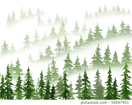Watercolor misty pine trees landscape. Christmas Watercolor misty pine trees landscape. Christmas 58897401