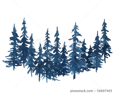 Watercolor indigo blue group of pine trees. Watercolor indigo blue group of pine trees. 58897405