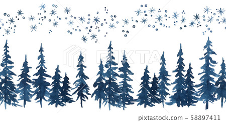 Watercolor indigo blue pine trees and snowflakes. 58897411