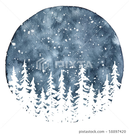 White silhouettes of pine trees in winter night. White silhouettes of pine trees in winter night. 58897420