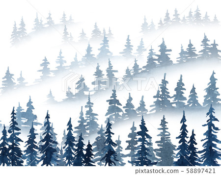 Watercolor misty pine trees landscape. Christmas Watercolor misty pine trees landscape. Christmas 58897421