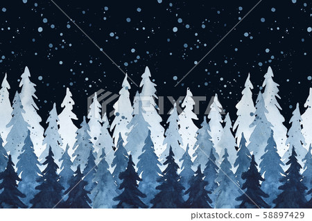 Watercolor indigo blue pine trees and snowfall in Watercolor indigo blue pine trees and snowfall in 58897429