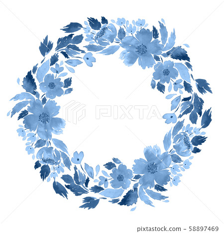 Watercolor loose flowers wreath. Floral circle Watercolor loose flowers wreath. Floral circle 58897469