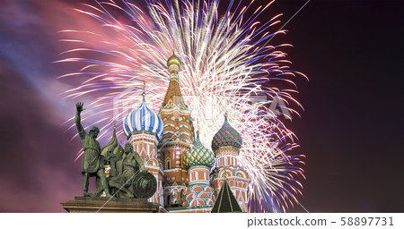 Fireworks over the Cathedral of Intercession of Most Holy Theotokos on the Moat ( Temple of Basil the Blessed), Red Square, Moscow, Russia 58897731