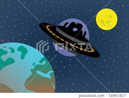 Love couple flying in spaceship between moon and earth in the future Love couple flying in spaceship between moon and earth in the future 58901927