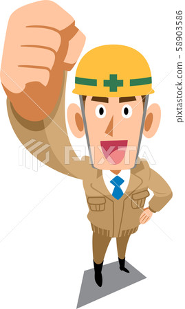 Construction site worker wearing beige work clothes holding a fist 58903586