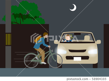 Danger of accidental encounter between car and bicycle without light.Vector material 58904103