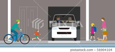 Residential garage cars and pedestrians.Vector material 58904104