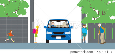 Residential street life road with cars and pedestrians. 58904105