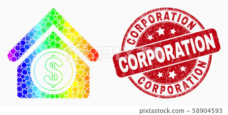 Vector Rainbow Colored Dot Commercial Building Icon and Grunge Corporation Stamp Seal 58904593