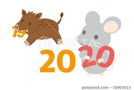 2019年野豬到2020年大鼠十二生肖插圖素材 58905613