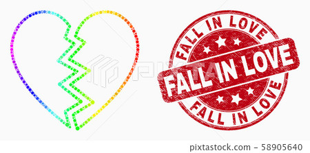 Vector Spectral Dot Broken Heart Icon and Distress Fall in Love Stamp Seal 58905640